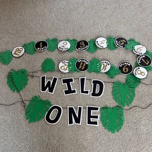 Wild One Birthday Banner with Green jungle Leaves